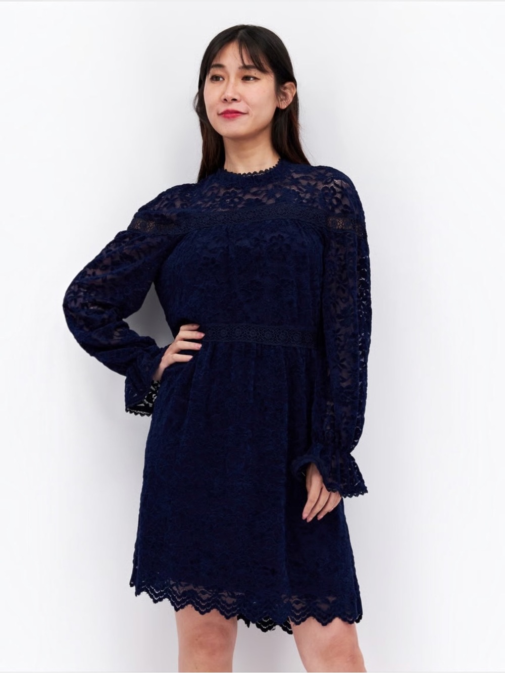 Tahari ASL Velvet Lace Trim Shift Dress in Navy Blue Size 6